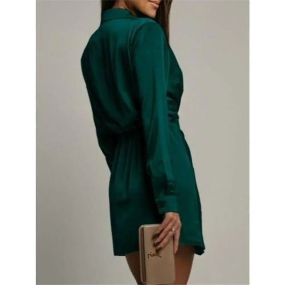 Collared Neck Long Sleeve Satin Dress - Picture 9 of 12